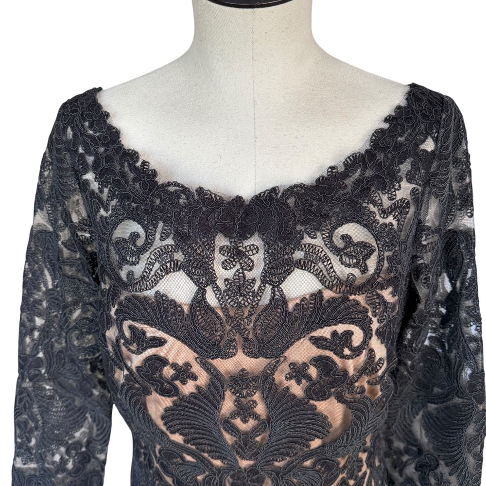 Tadashi Shoji Black Corded Embroidery Tulle 3/4 Sleeve Lace Dress Evening 12 - Picture 6 of 16